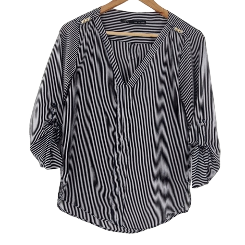 Zara Basic Navy Stripe Long Sleeve Blouse Sz Medium Hi/Low Hem rolled up Sleeves